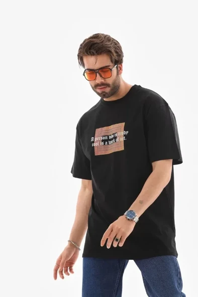 Unisex Bisiklet Yaka Baskılı Oversize T-Shirt - Siyah - Resim 3