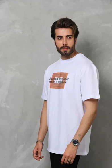 Unisex Bisiklet Yaka Baskılı Oversize T-Shirt - Beyaz ürün görseli