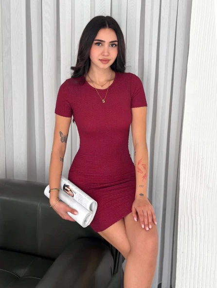 Bisiklet Yaka Kısa Kol Likralı Elbise - Bordo ürün görseli