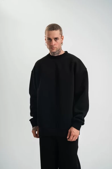 Uzun Kol Bisiklet Yaka Basic SweatShirt - Siyah - Resim 4