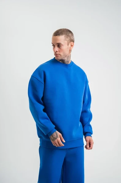 Uzun Kol Bisiklet Yaka Basic SweatShirt - Mavi - Resim 4