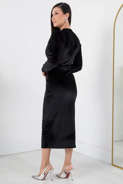 Kadın Kadife Kumaş Manşetli V Yaka Şık Kalem Elbise - Resim 8