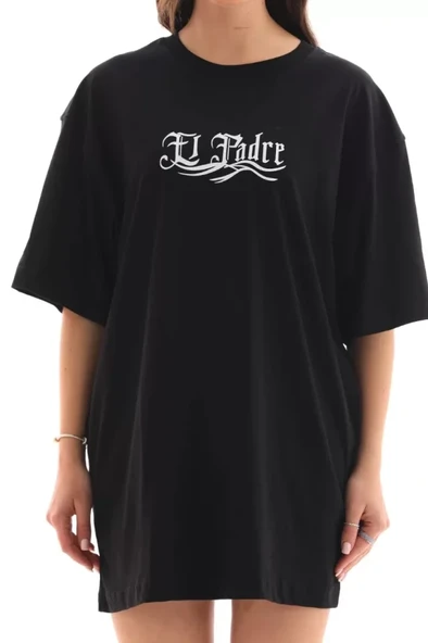 Unisex Bisiklet Yaka Baskılı Oversize T-Shirt - Siyah - Resim 4