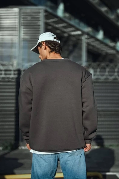 Kışlık Bisiklet Yaka Üç İplik Basic SweatShirt - Antrasit - Resim 2