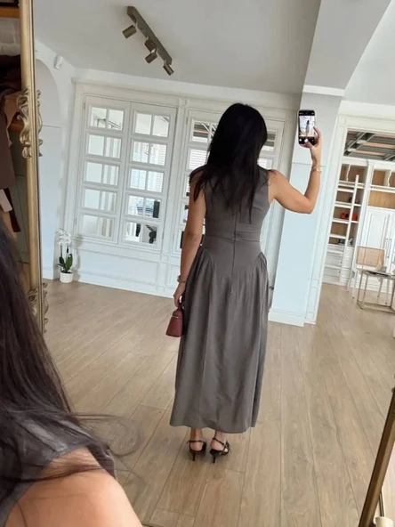 Kolsuz Uzun Kabardin Elbise - Gri - Resim 2