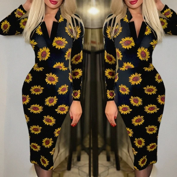 Kadın Uzun Kollu V Yaka Puantiyeli Krep Midi Boy Elbise - Resim 3