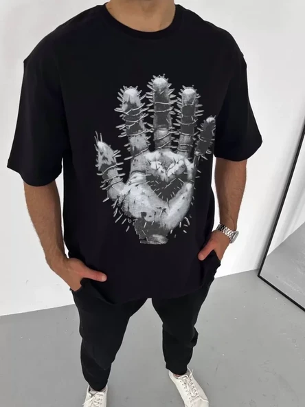 Unisex Bisiklet Yaka Baskılı Oversize T-Shirt - Siyah ürün görseli