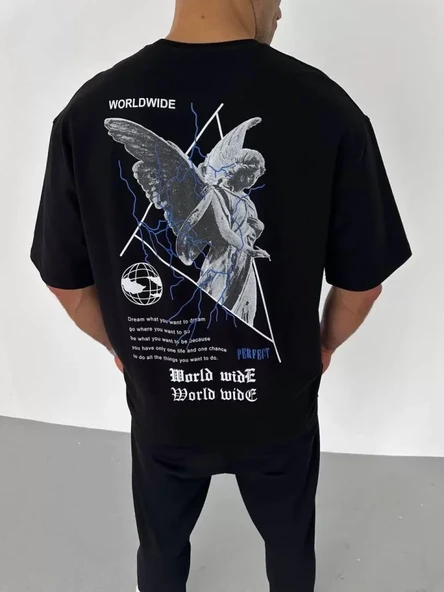 Unisex Bisiklet Yaka Baskılı Oversize T-Shirt - Siyah - Resim 2