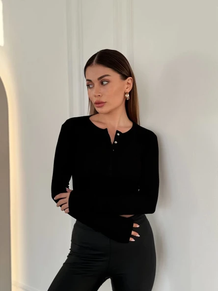 Cıt Cıt Detaylı Uzun Kollu Crop - Siyah ürün görseli