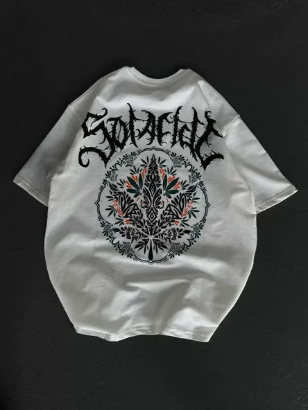 Unisex Bisiklet Yaka Baskılı Oversize T-Shirt - Beyaz - Resim 2