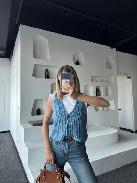 Triko Kolsuz Düğmeli Yelek - Mavi - Resim 2