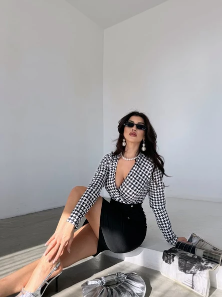 Kadın Uzun Kollu Kruvaze Yaka üst Kazayağı Desen Düğme Detaylı Dalgıç Elbise - Resim 11