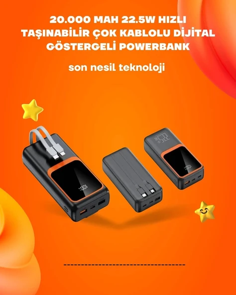 Powerbank 20000 mAh | 22.5W Hızlı Şarj, Dahili Kablolu, LCD Ekranlı Şarj Cihazı ürün görseli 1
