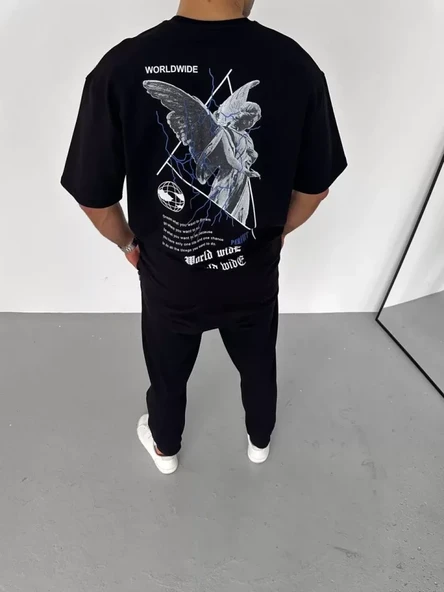 Unisex Bisiklet Yaka Baskılı Oversize T-Shirt - Siyah - Resim 3