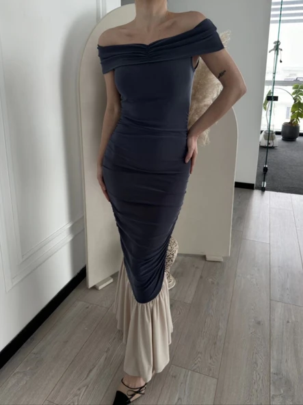 Striptiz Omuzlu Uzun Elbise- Füme - Resim 4