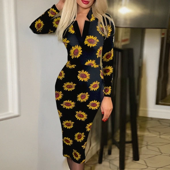 Kadın Uzun Kollu V Yaka Puantiyeli Krep Midi Boy Elbise ürün görseli