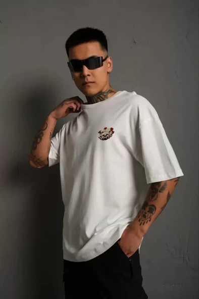 Unisex Bisiklet Yaka Baskılı Oversize T-Shirt - Beyaz ürün görseli