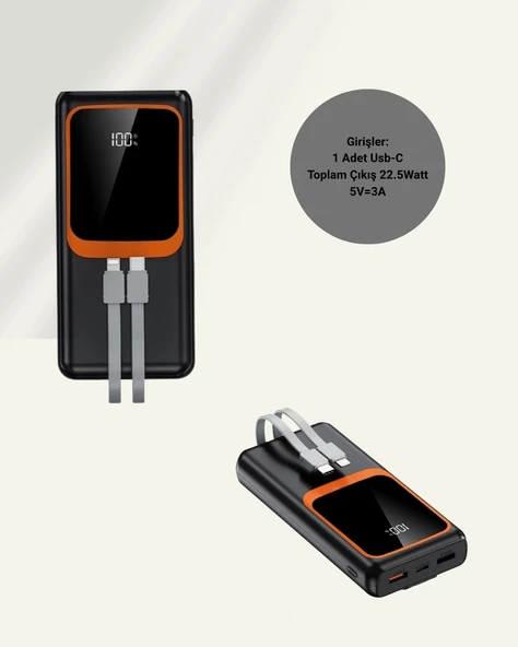 Powerbank 20000 mAh | 22.5W Hızlı Şarj, Dahili Kablolu, LCD Ekranlı Şarj Cihazı - Resim 5