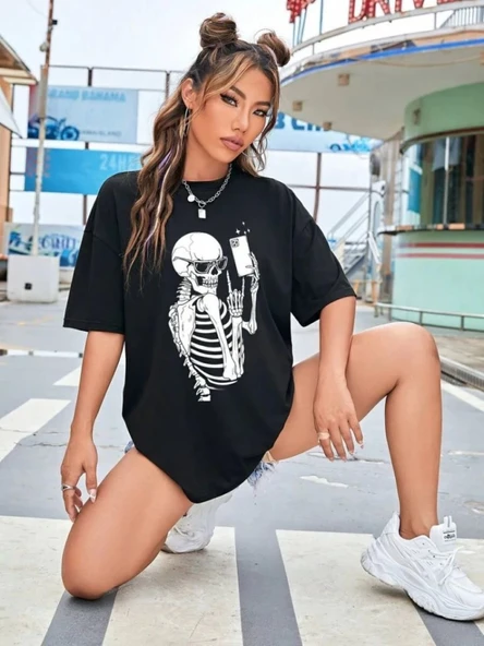 Baskılı T-shirt - Siyah - Resim 4