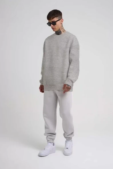 Unisex Biskilet Yaka Üç İplik SweatShirt - Gri - Resim 2