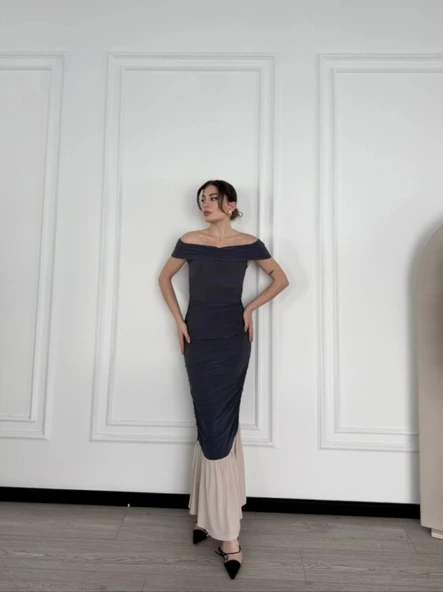 Striptiz Omuzlu Uzun Elbise- Füme ürün görseli