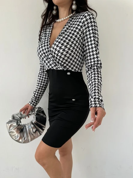 Kadın Uzun Kollu Kruvaze Yaka üst Kazayağı Desen Düğme Detaylı Dalgıç Elbise - Resim 5