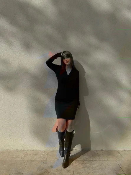 Kadın Uzun Kollu Kruvaze Yaka Krep Mini Boy Elbise - 9