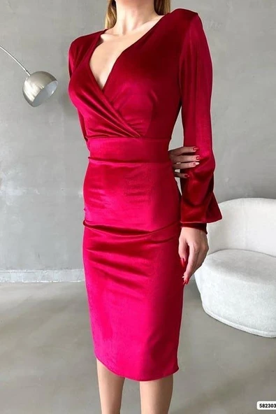 Kadın Kadife Kumaş Kruvaze Yaka Balon Kol Ve Yırtmaç Detaylı Midi Boy Elbise - 4