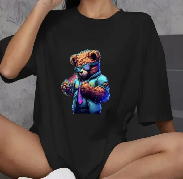 Unisex Bisiklet Yaka Baskılı Oversize T-Shirt - Siyah ürün görseli