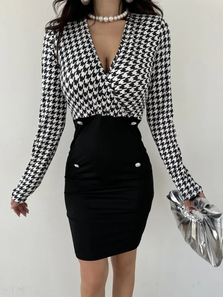 Kadın Uzun Kollu Kruvaze Yaka üst Kazayağı Desen Düğme Detaylı Dalgıç Elbise - Resim 2