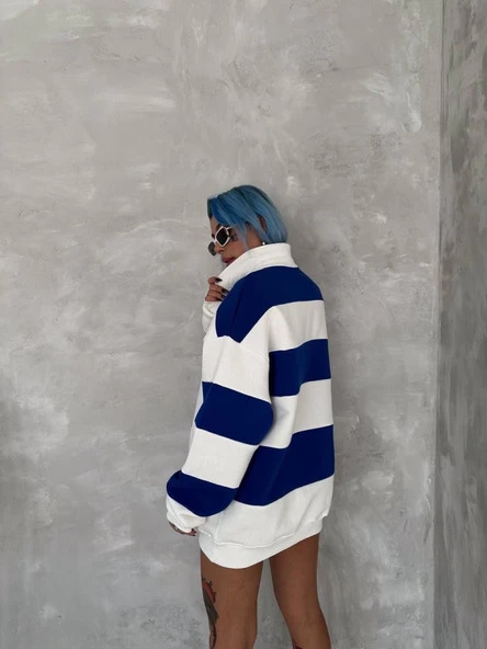 Unisex Üç İplik Parçalı Yakalı SweatShirt - Mavi - Resim 4