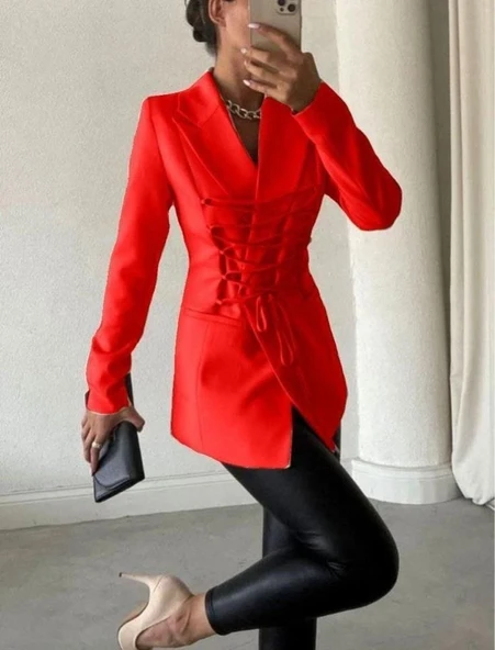 Kadın Manşet Yaka Cep Ve Bağcık Detay Uzun Ceket ürün görseli