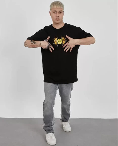 Unisex Bisiklet Yaka Baskılı Oversize T-Shirt - Siyah ürün görseli