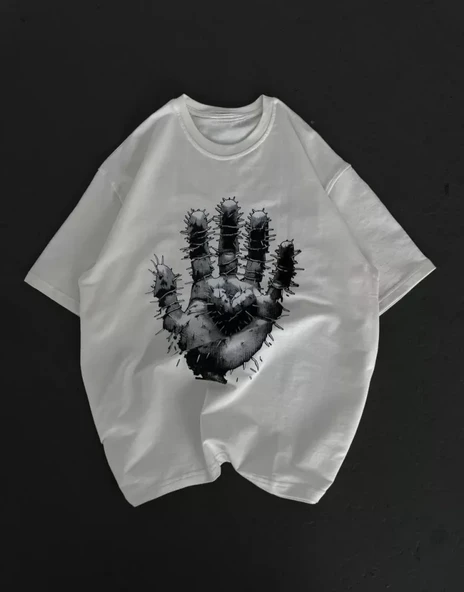 Unisex Bisiklet Yaka Baskılı Oversize T-Shirt - Beyaz ürün görseli