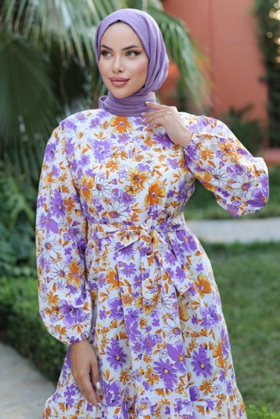 Kadın Uzun Çiçek Yaprak Desenli Belden Bağlamalı Elbise - Resim 6