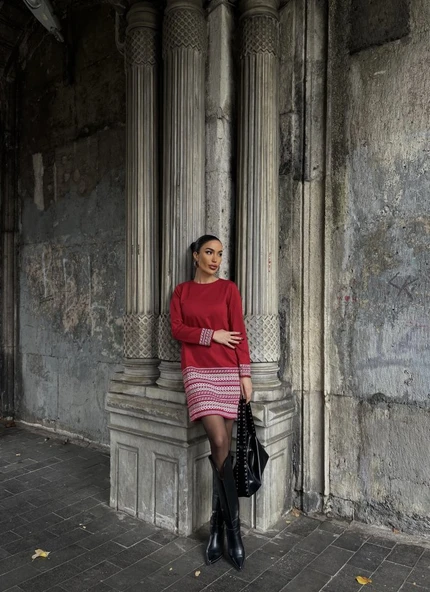 Kadın Uzun Kollu Bisiklet Yaka Kol Ağzı Ve Etek Ucu Baskılı Iki Iplik Elbise - Resim 2