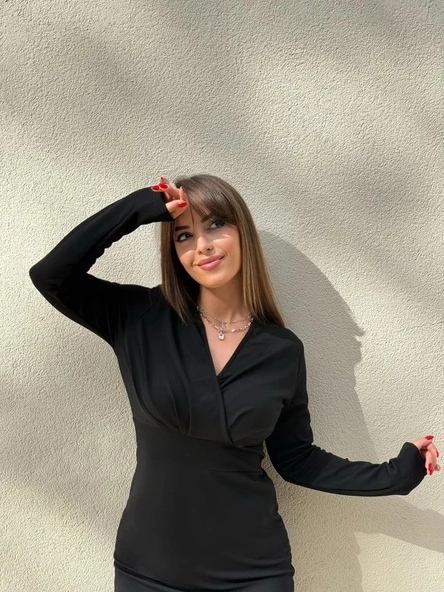 Kadın Uzun Kollu Kruvaze Yaka Krep Mini Boy Elbise - 12