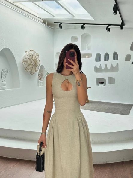 Kolsuz Uzun Kabardin Elbise - Gri - Resim 4