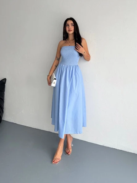 Straplez Pileli Elbise - Açık Mavi ürün görseli