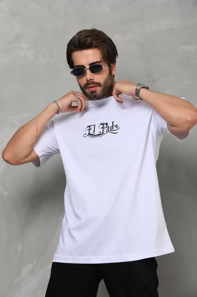 Unisex Bisiklet Yaka Baskılı Oversize T-Shirt - Beyaz ürün görseli