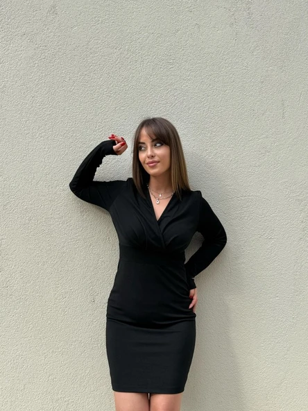 Kadın Uzun Kollu Kruvaze Yaka Krep Mini Boy Elbise - 3