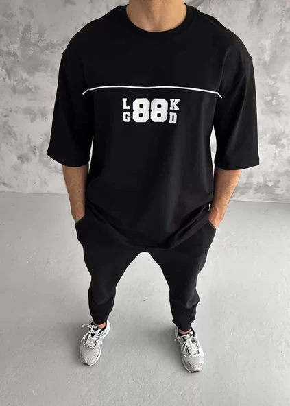 Unisex Bisiklet Yaka Baskılı Oversize T-Shirt - Siyah ürün görseli