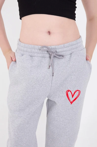 Oversize Boru Paça Baskılı Eşofman Pantolon - Gri - Resim 4