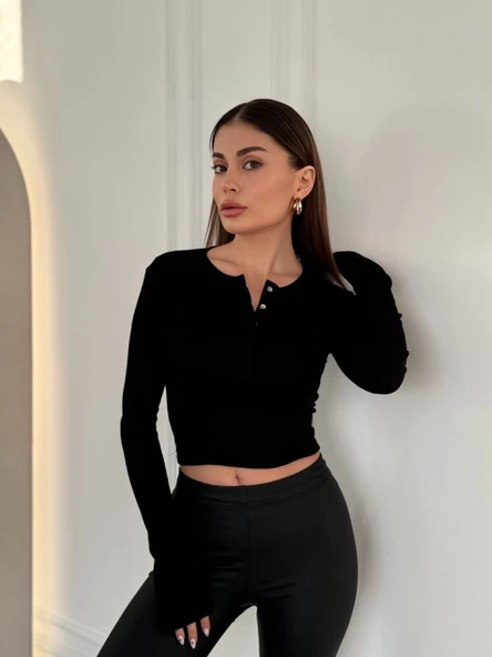 Cıt Cıt Detaylı Uzun Kollu Crop - Siyah - Resim 2