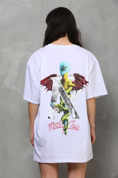 Unisex Bisiklet Yaka Baskılı Oversize T-Shirt - Beyaz - Resim 3