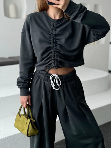 Uzun Kollu Önü İp Büzgülü Crop Ve Pantolon İkili Takım - Antrasit - Resim 4