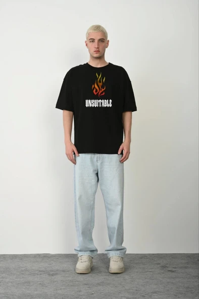 Unisex Bisiklet Yaka Baskılı Oversize T-Shirt - Siyah ürün görseli