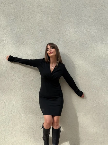 Kadın Uzun Kollu Kruvaze Yaka Krep Mini Boy Elbise - 6