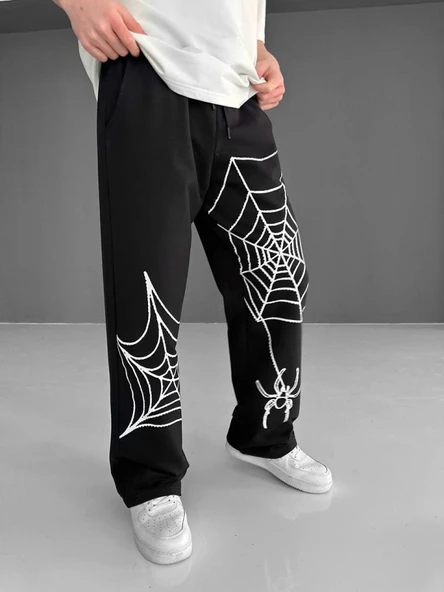 İki İplik Kumaş Örümcek Baskılı Esofman - Siyah ürün görseli