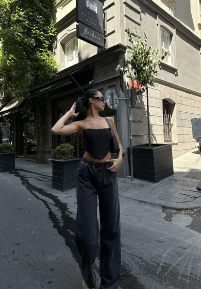 Arkadan Yırtmaçlı Jeans Kot Palazzo Pantolon - Siyah - Resim 3